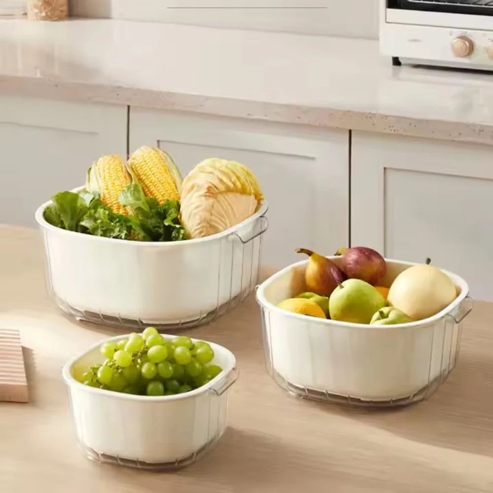 Kit 3 Com Cestas de Drenagem Dupla Camada Multifuncionais Lavagem De Vegetais e Frutas – Eficiência Prático e Organizado