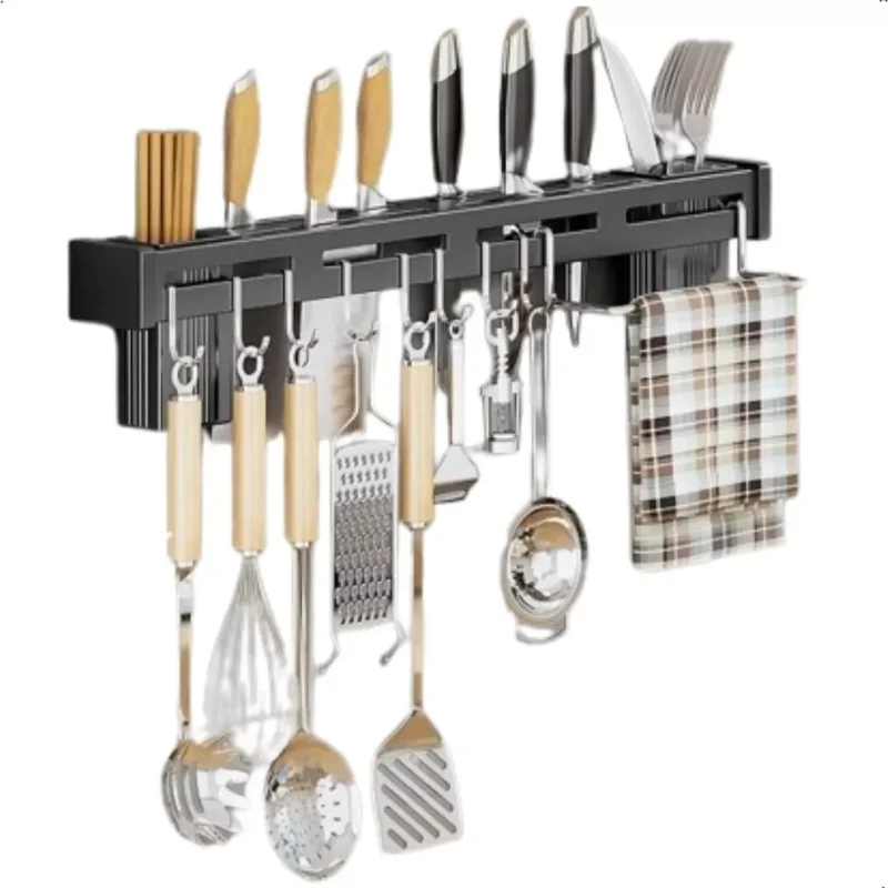 Suporte Organizador Cozinha Pendurar Utensílios Panela Xícara Talher Aço Inox Prateleira Armário Parede Barra Multiuso Gancho