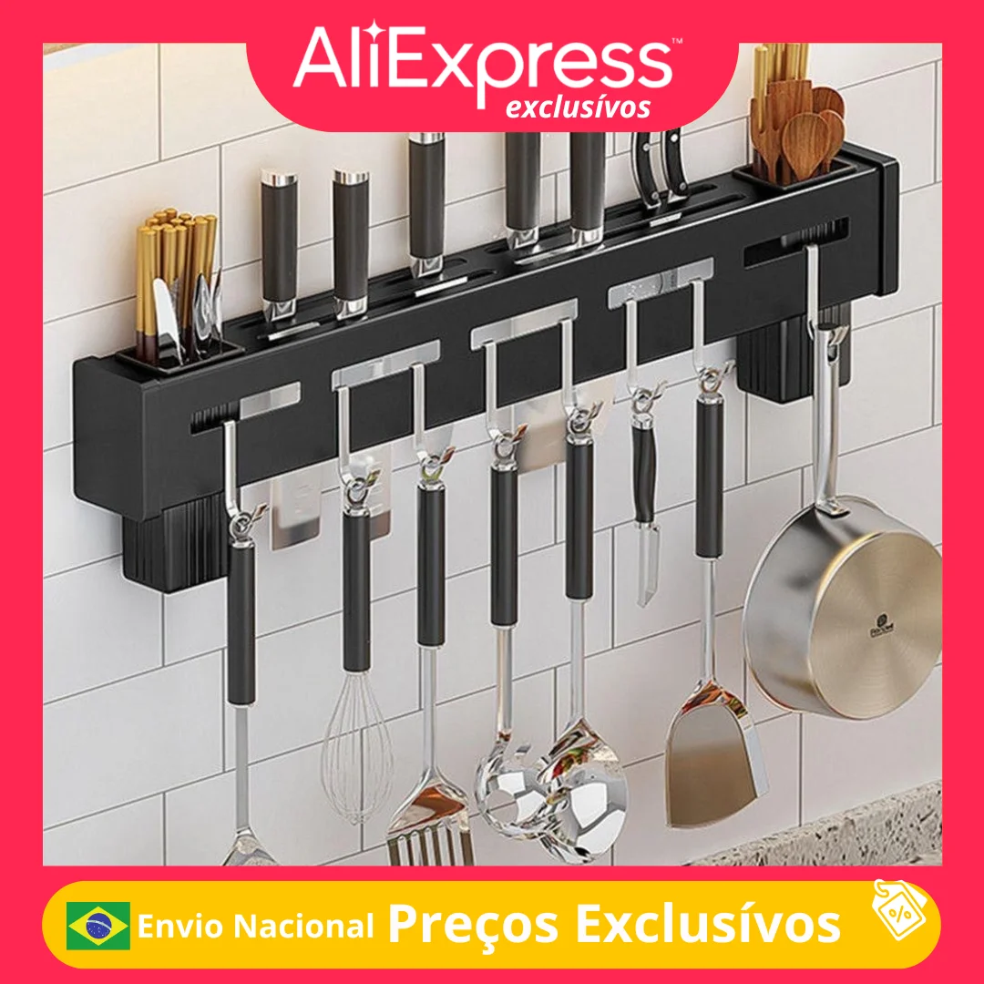 Suporte Organizador Cozinha Pendurar Utensílios Panela Xícara Talher Aço Inox Prateleira Armário Parede Barra Multiuso Gancho - Imagem 2