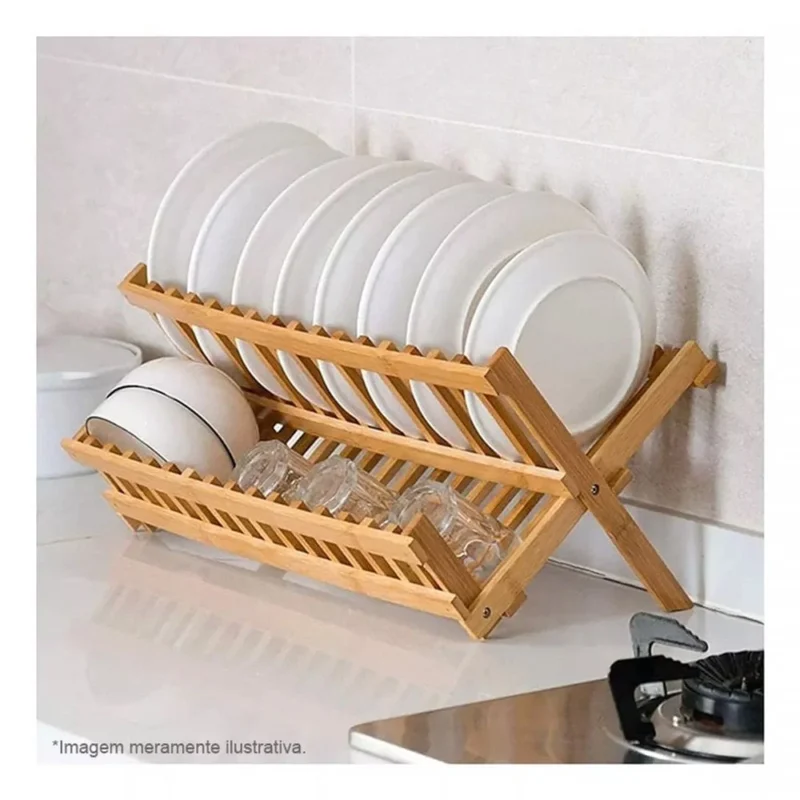 Escorredor de Pratos Dobrável Bambu Natural Suporte Madeira para Louças Utensílios Copos Organizador