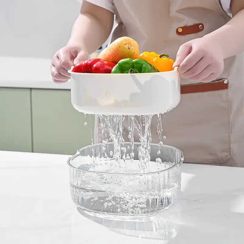 Kit 3 Com Cestas de Drenagem Dupla Camada Multifuncionais Lavagem De Vegetais e Frutas – Eficiência Prático e Organizado - Imagem 2