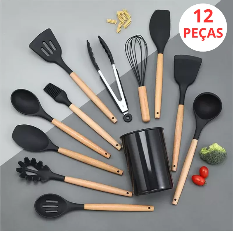 SKYTUR KIT Cozinha Conjunto com 12 peças Jogo de Utensilio Culinário cabo de Madeira Antiaderente Envio Rápido para todo Brasil